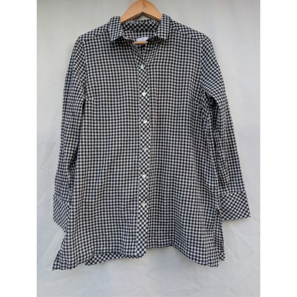 J Jill Gingham Button Down Shirt Womens M Black White Cotton Tunic Lagenlook